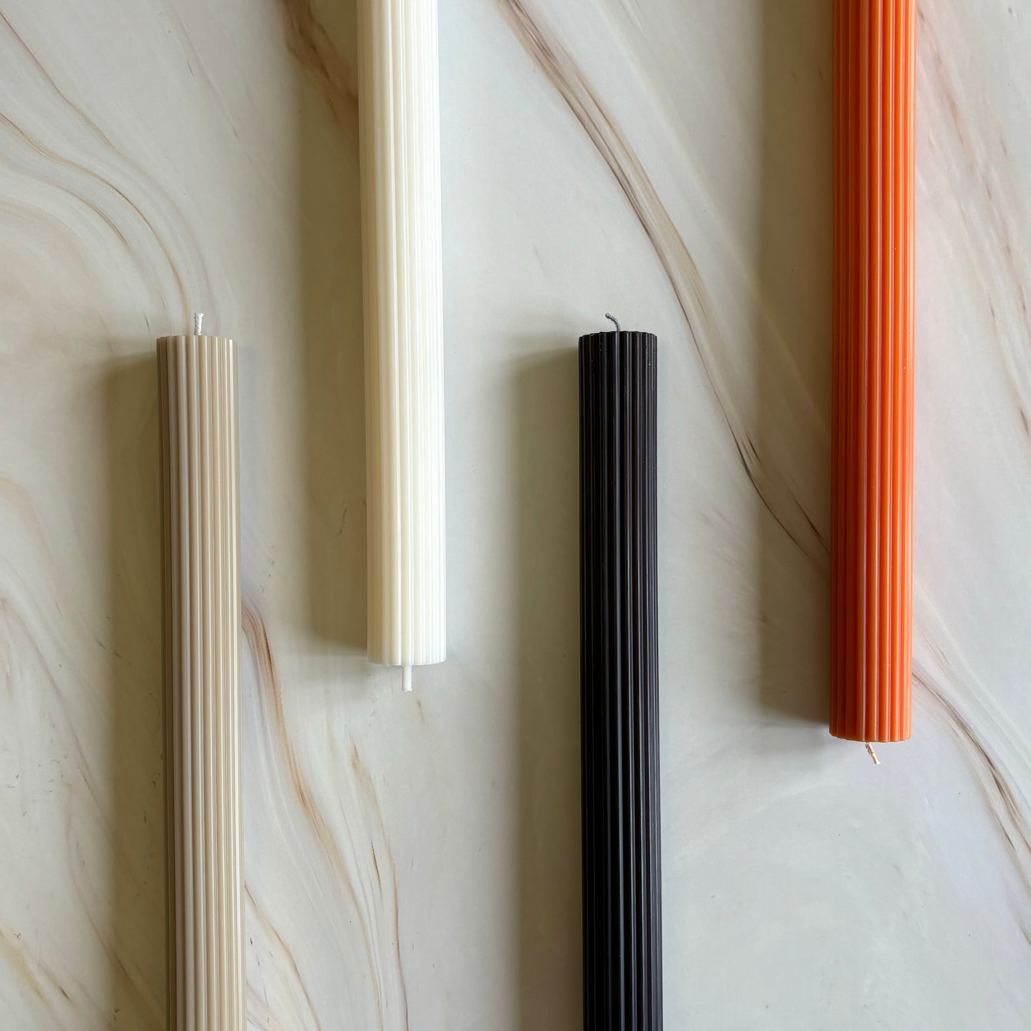 Pack of Two 25cm Tall Ribbed Thin Tapered Candle Sticks - Decorative Handmade Dinner Candles - Neutral Aesthetic Decor Centrepiece