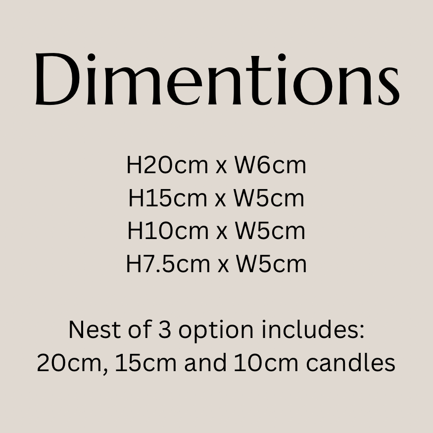 text providing dimensions and a description of a product, which includes a nest of 3 candle options. The text is in black and is centered on a light-colored background.