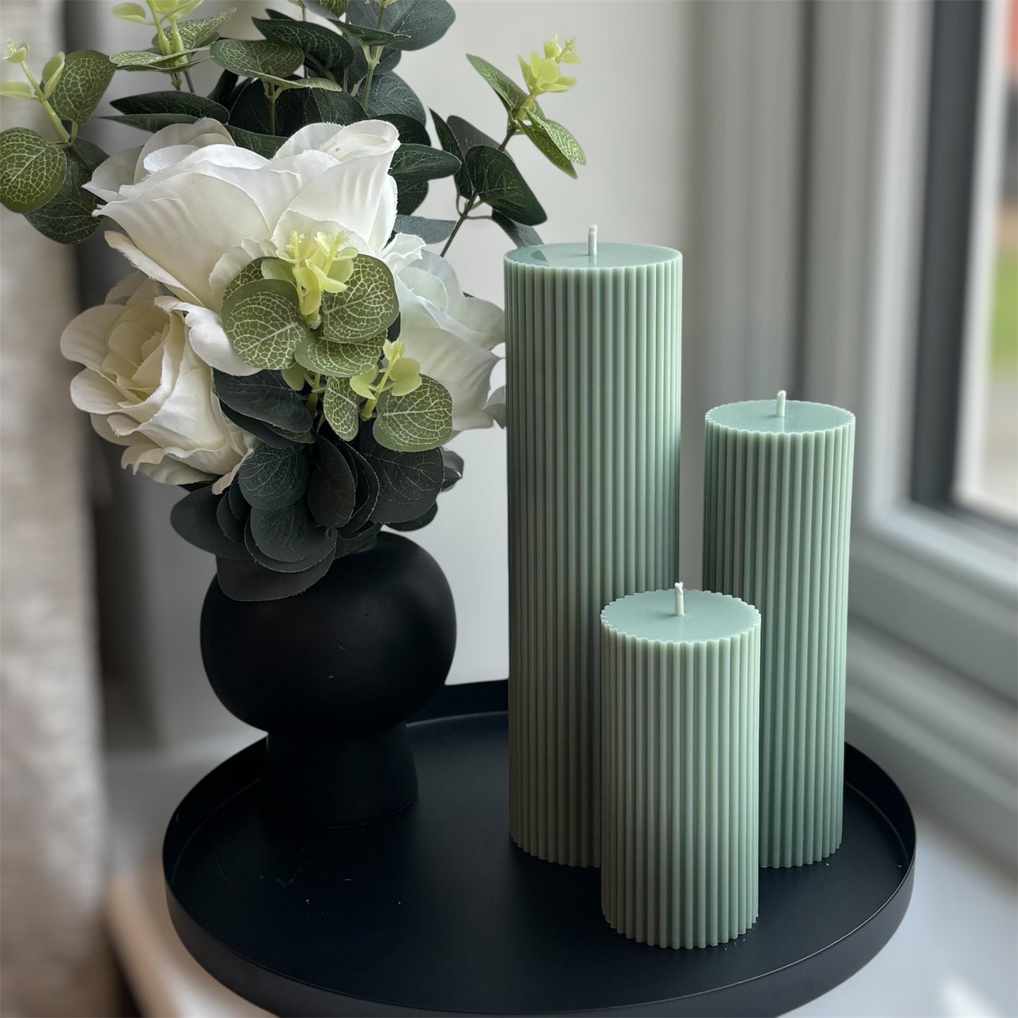 Large Sage Green Tall Ribbed Scented Pillar Candles - Handmade Home Decor