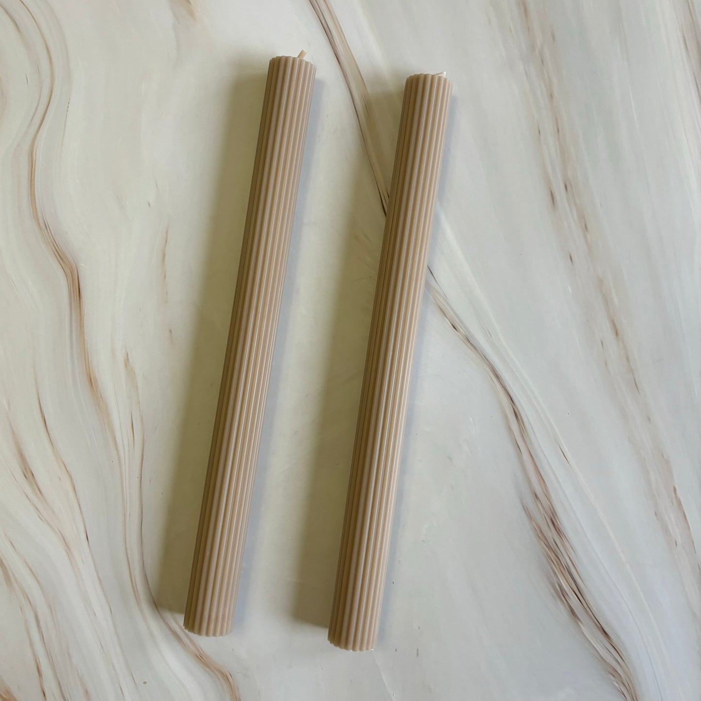 Pack of Two 25cm Tall Ribbed Thin Tapered Candle Sticks - Decorative Handmade Dinner Candles - Neutral Aesthetic Decor Centrepiece