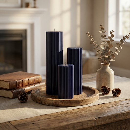 a wooden table with three blue candles, a stack of books, pine cones, and a vase of dried flowers.