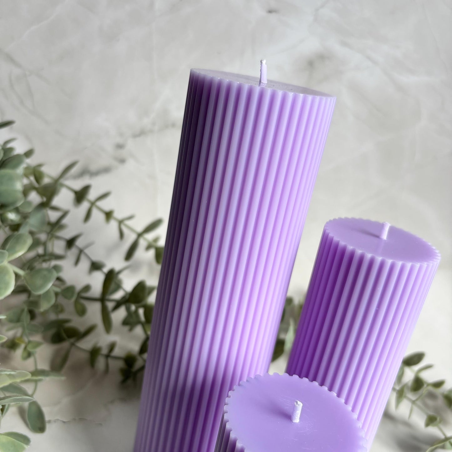 Scented Tall Ribbed Purple Pillar Candles | Tall Scented Large Decorative Candle Set