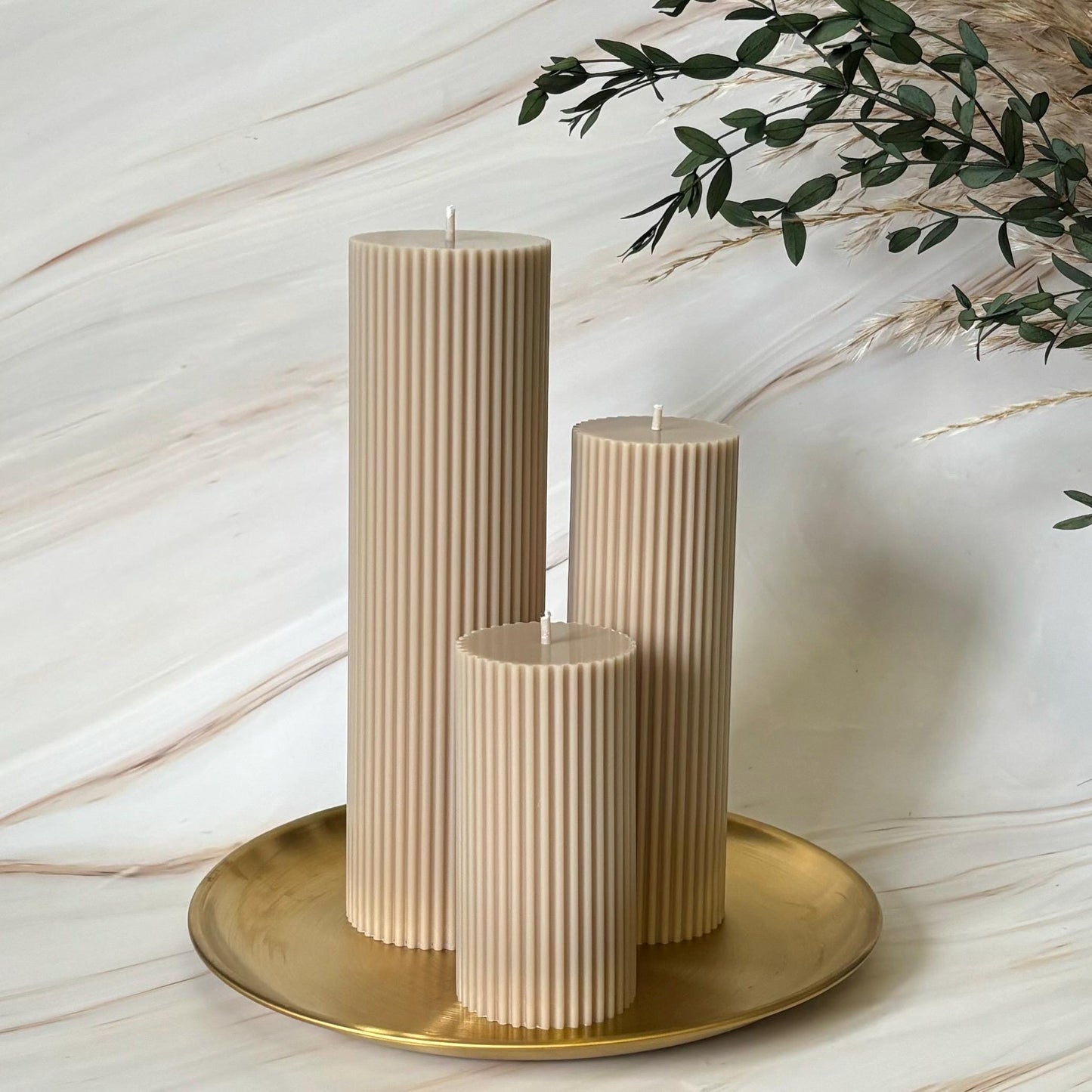 Fresh Linen Tall Ribbed Scented Pillar Candles - Handmade Home Decor