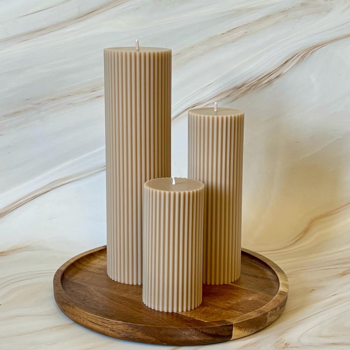 Beige Tall Ribbed Scented Pillar Candles - Handmade Home Decor