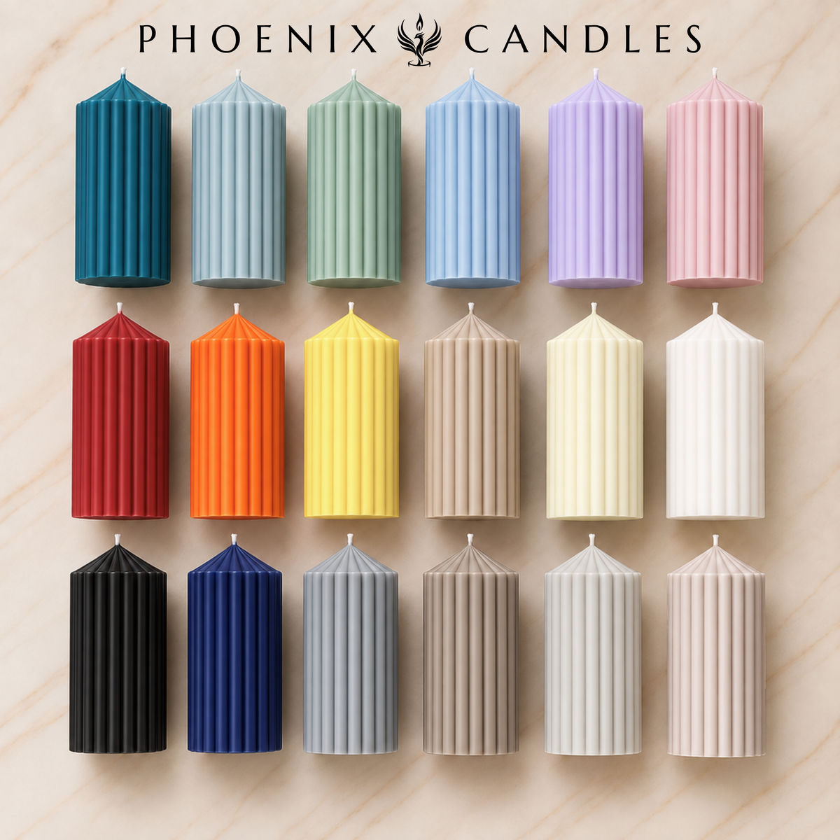 a collection of twelve colorful pillar candles arranged in a grid pattern on a wooden surface.