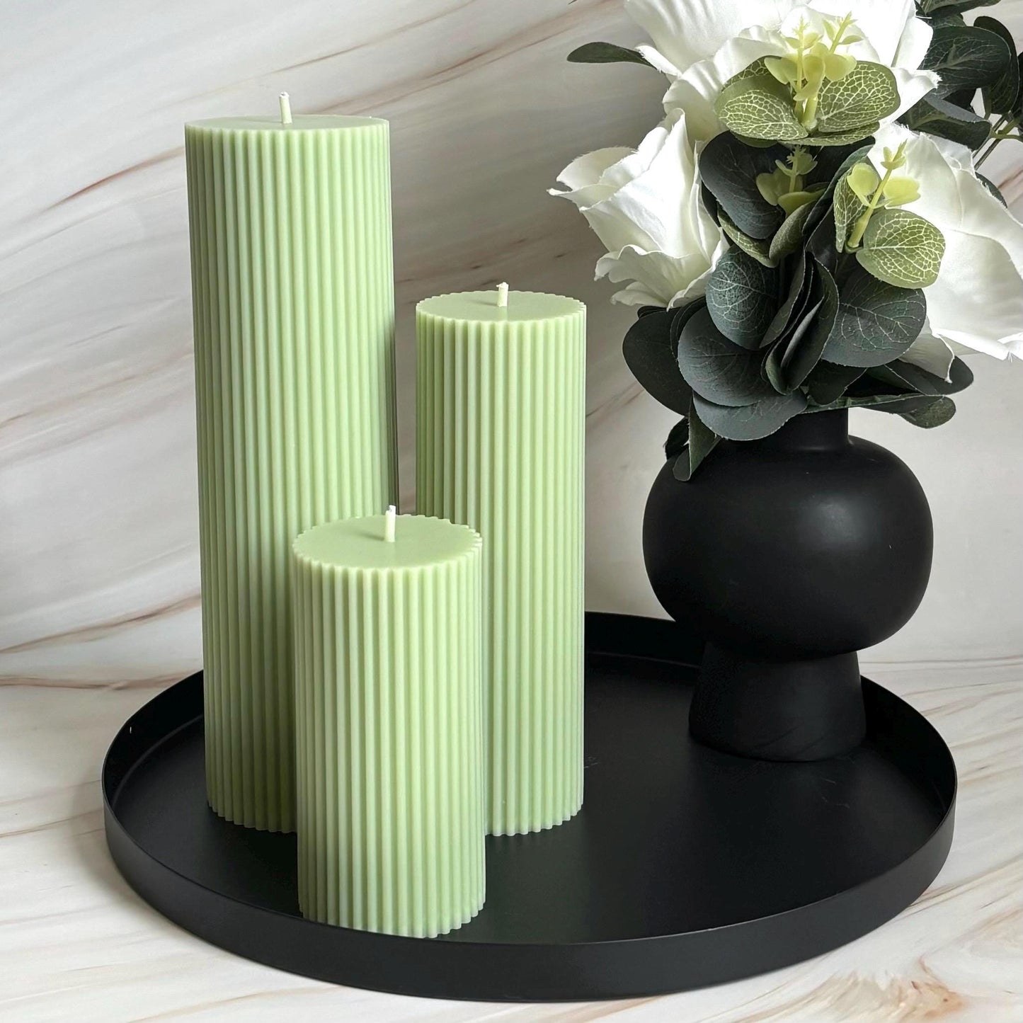 Green Tall Ribbed Scented Pillar Candles - Handmade Home Decor