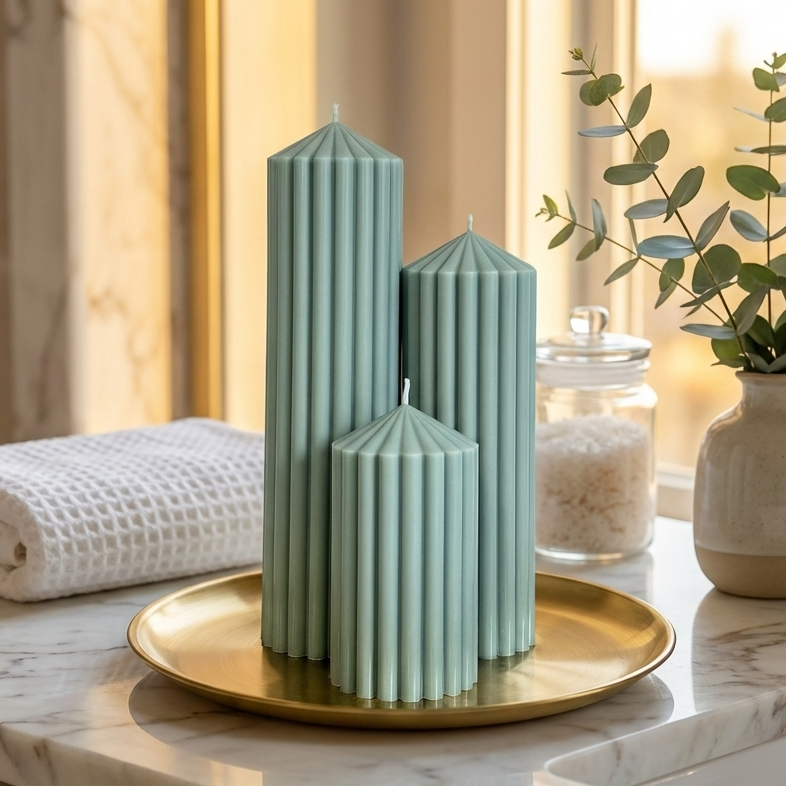 a marble countertop with a gold tray holding three green cylindrical candles, a white towel, and a small vase with greenery.