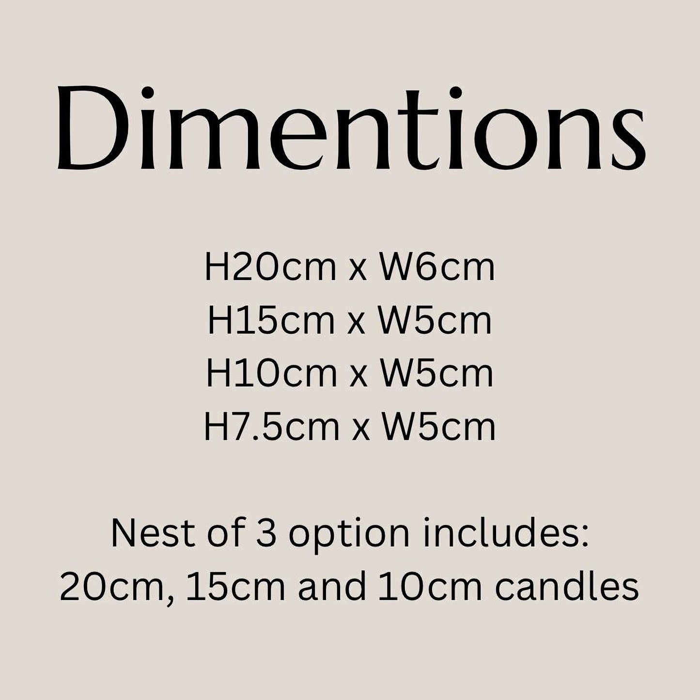 text providing dimensions and a description of a product, which includes a nest of 3 candle options. The text is in black and is centered on a light-colored background.