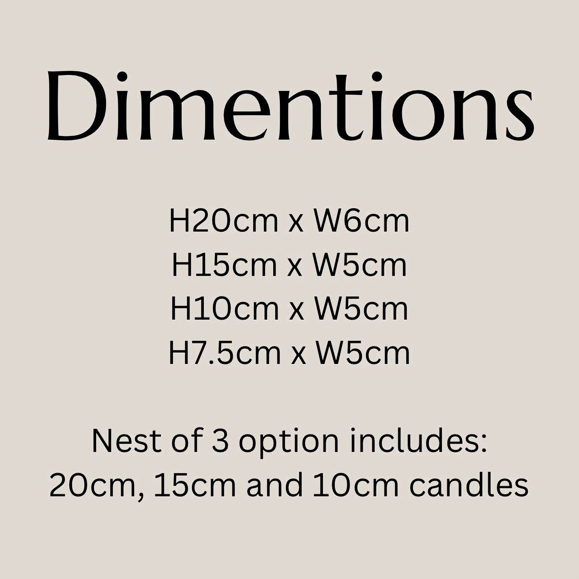 text providing dimensions and a description of a product, which includes a nest of 3 candle options. The text is in black and is centered on a light-colored background.