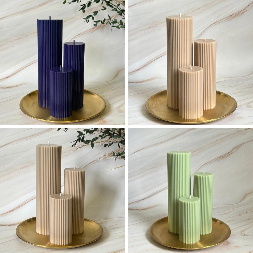 The image is a collage of four photos featuring tall, cylindrical candles in various colors, including blue, beige, green, and white, placed on gold plates.