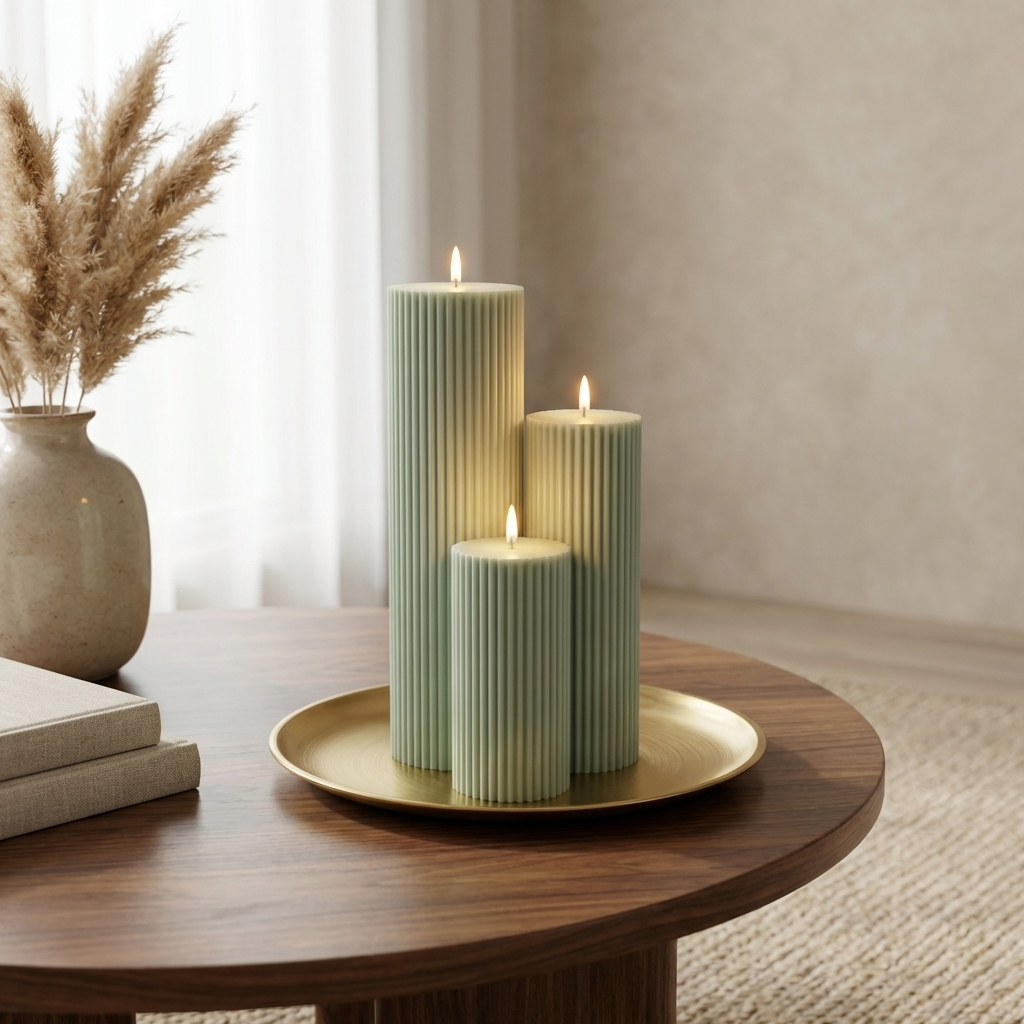 a wooden table with three green candles on a gold plate, accompanied by a vase of dried flowers and a stack of books.