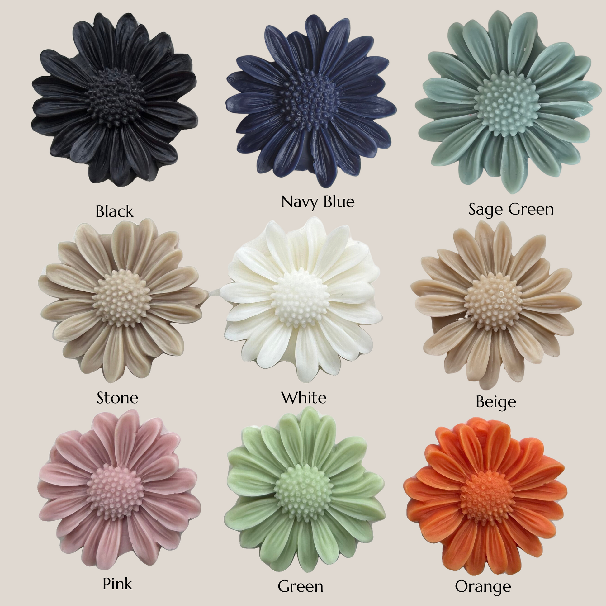 nine different colored flowers, each with a label indicating its color.