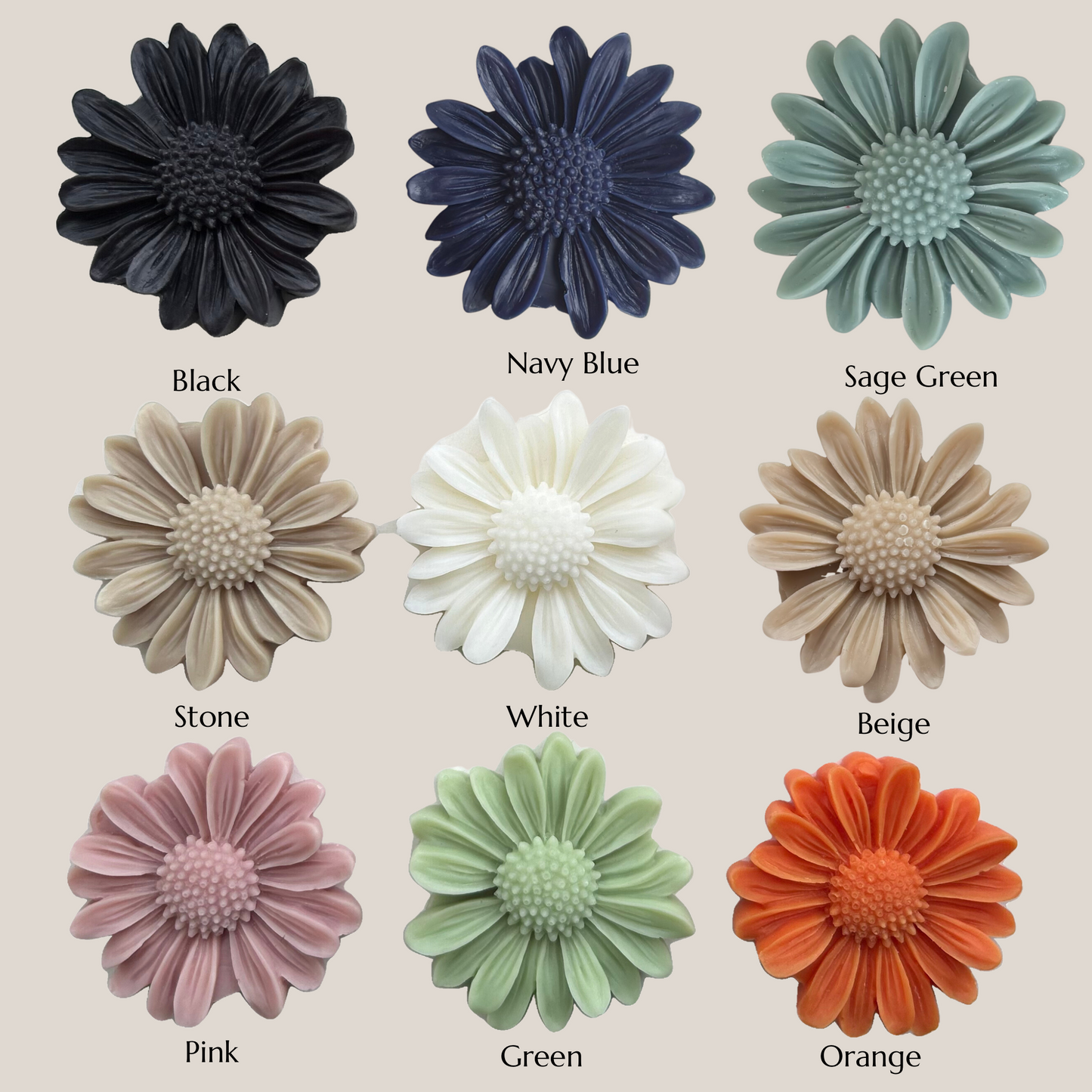 nine different colored flowers, each with a label indicating its color.