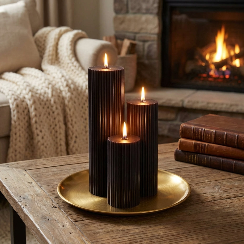 A cozy living room with a fireplace, featuring three dark candles on a gold tray, a stack of books, and a plush white blanket on a couch.