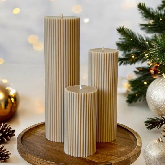 Gingerbread Scented Tall Ribbed Pillar Candles - Handmade Christmas Decorative Candles