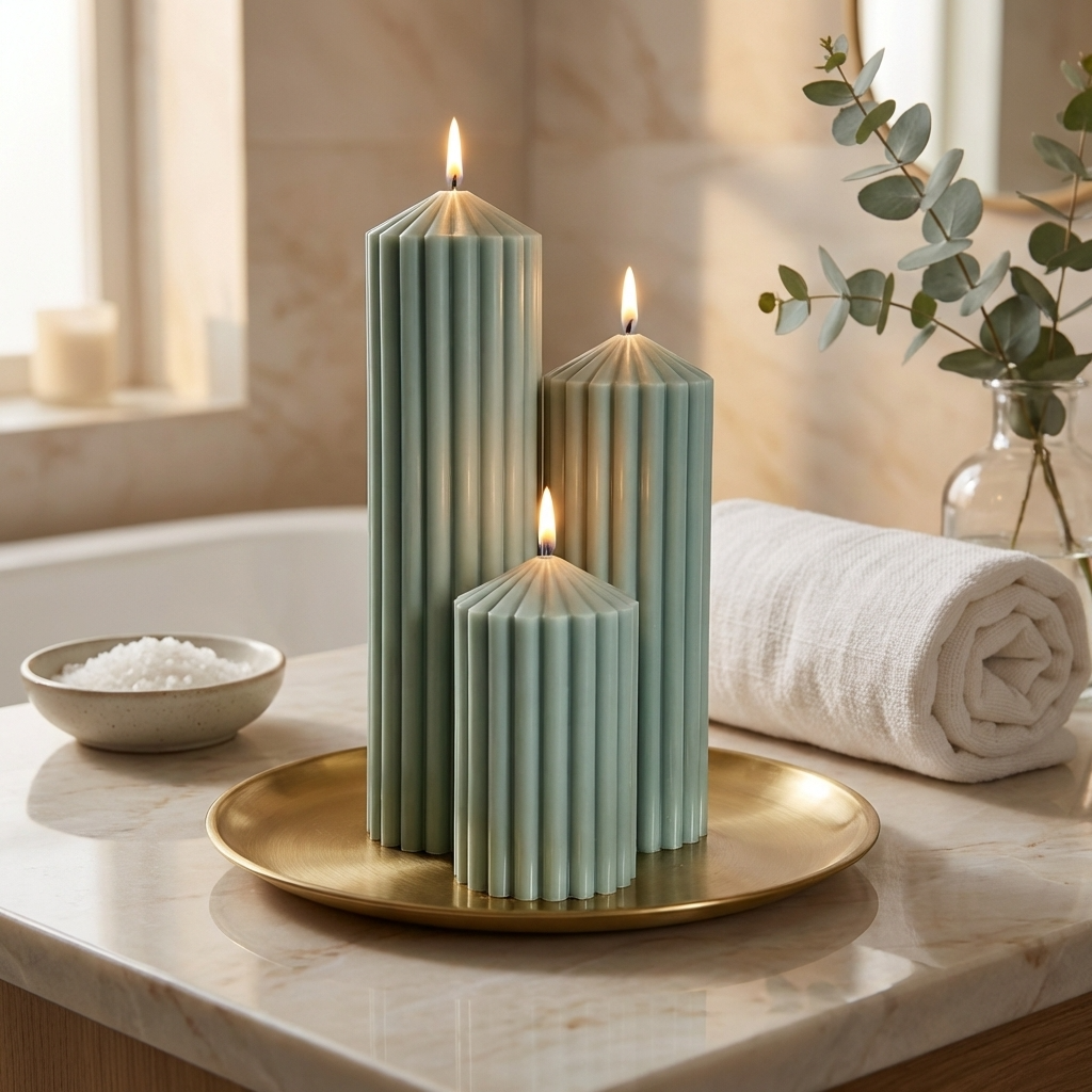 a bathroom counter with three green candles in a row, a bowl of white salt, and a vase with greenery.