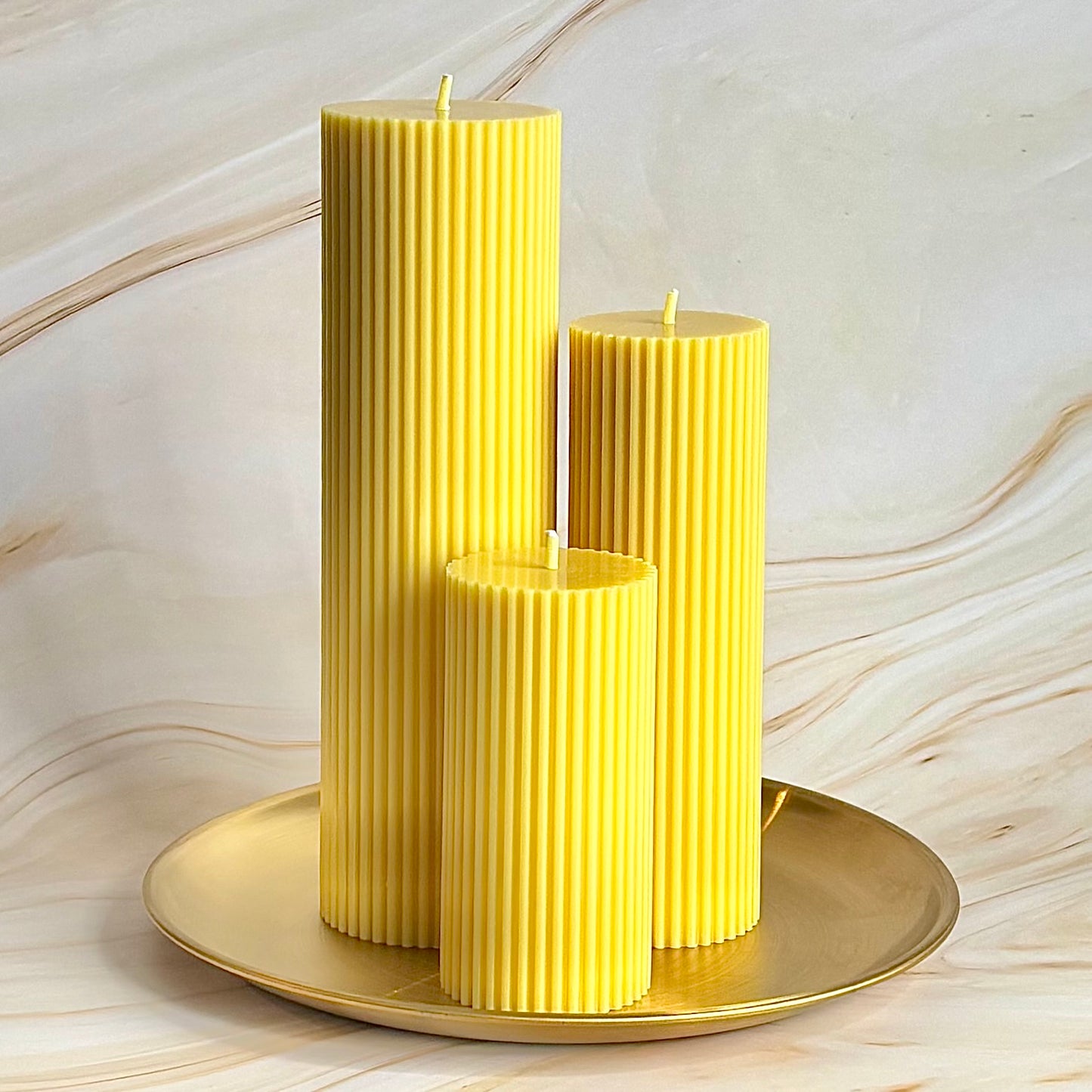 Scented Tall Ribbed Yellow Pillar Candles | Tall Scented Large Decorative Candle Set