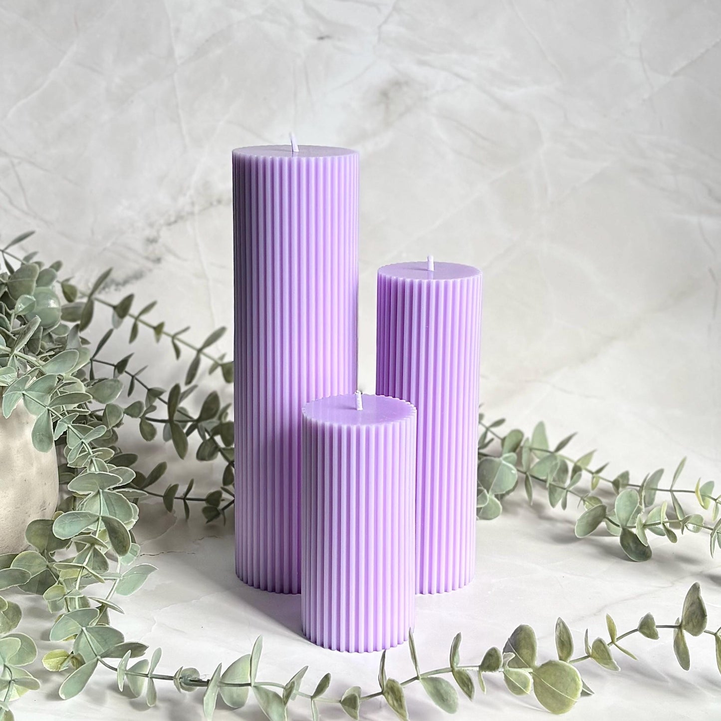 Scented Tall Ribbed Purple Pillar Candles | Tall Scented Large Decorative Candle Set