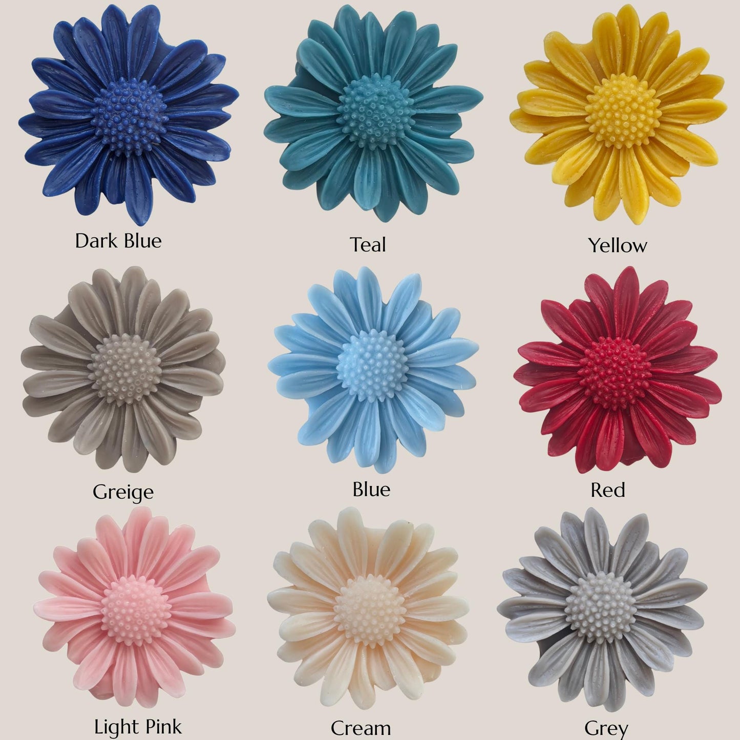 nine different colored flowers, each with a label indicating the color: Dark Blue, Teal, Yellow, Greige, Blue, Red, Light Pink, Cream, and Grey.