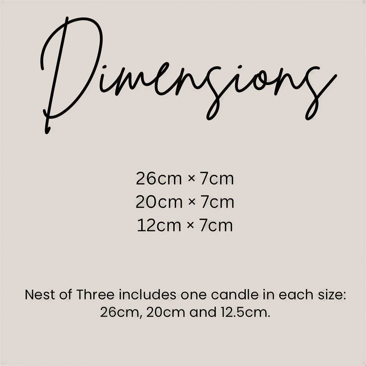 text and numbers providing dimensions for a set of three candles in different sizes, ranging from 26cm to 12.5cm.