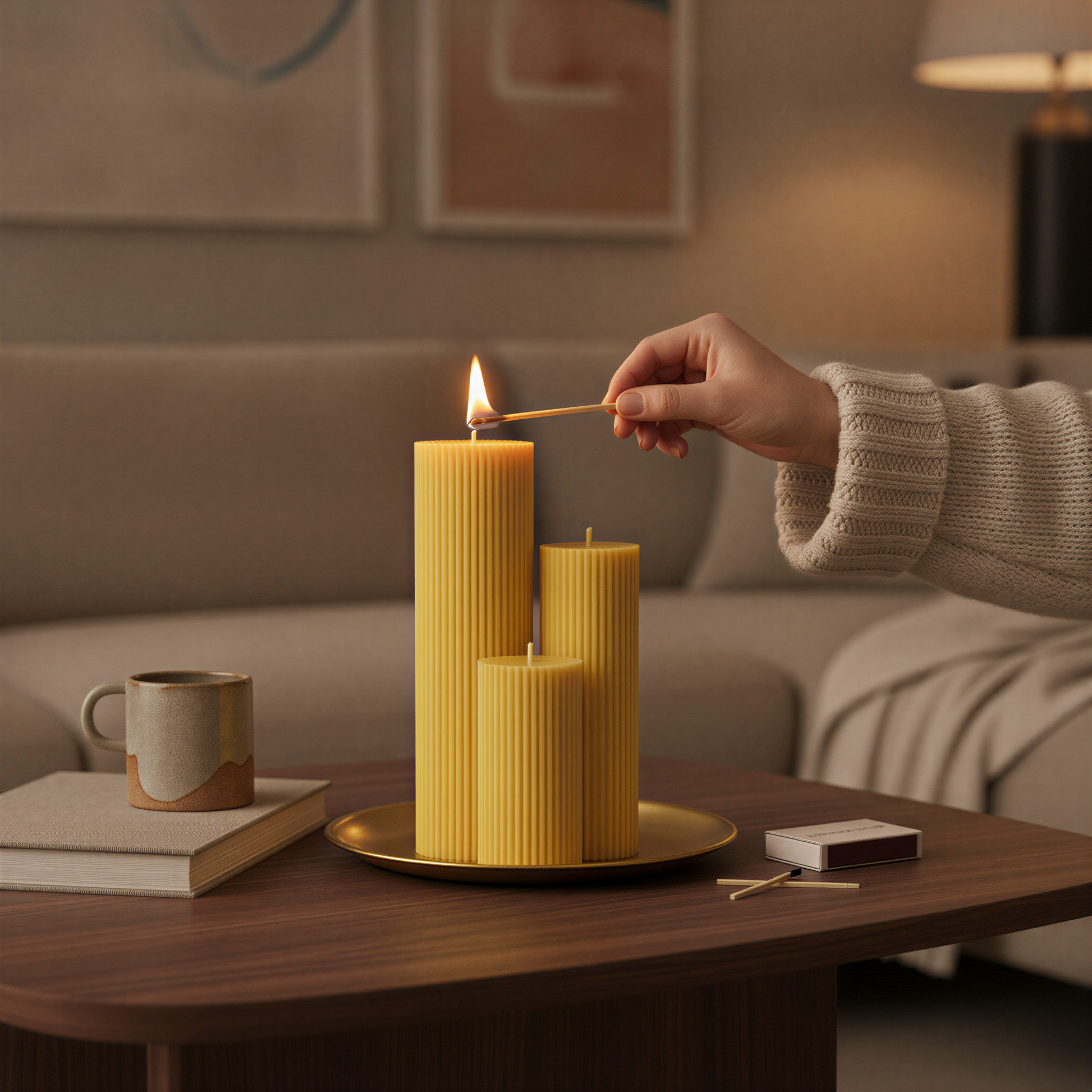 A hand is lighting a yellow pillar candle on a wooden table, with a mug, books, and a lighter nearby.