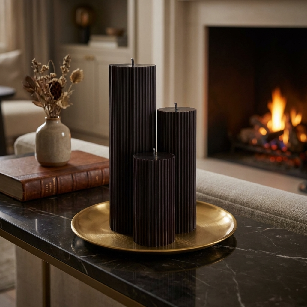 a cozy living room scene with a fireplace, a marble table, and a decorative arrangement of three dark candles on a gold tray.