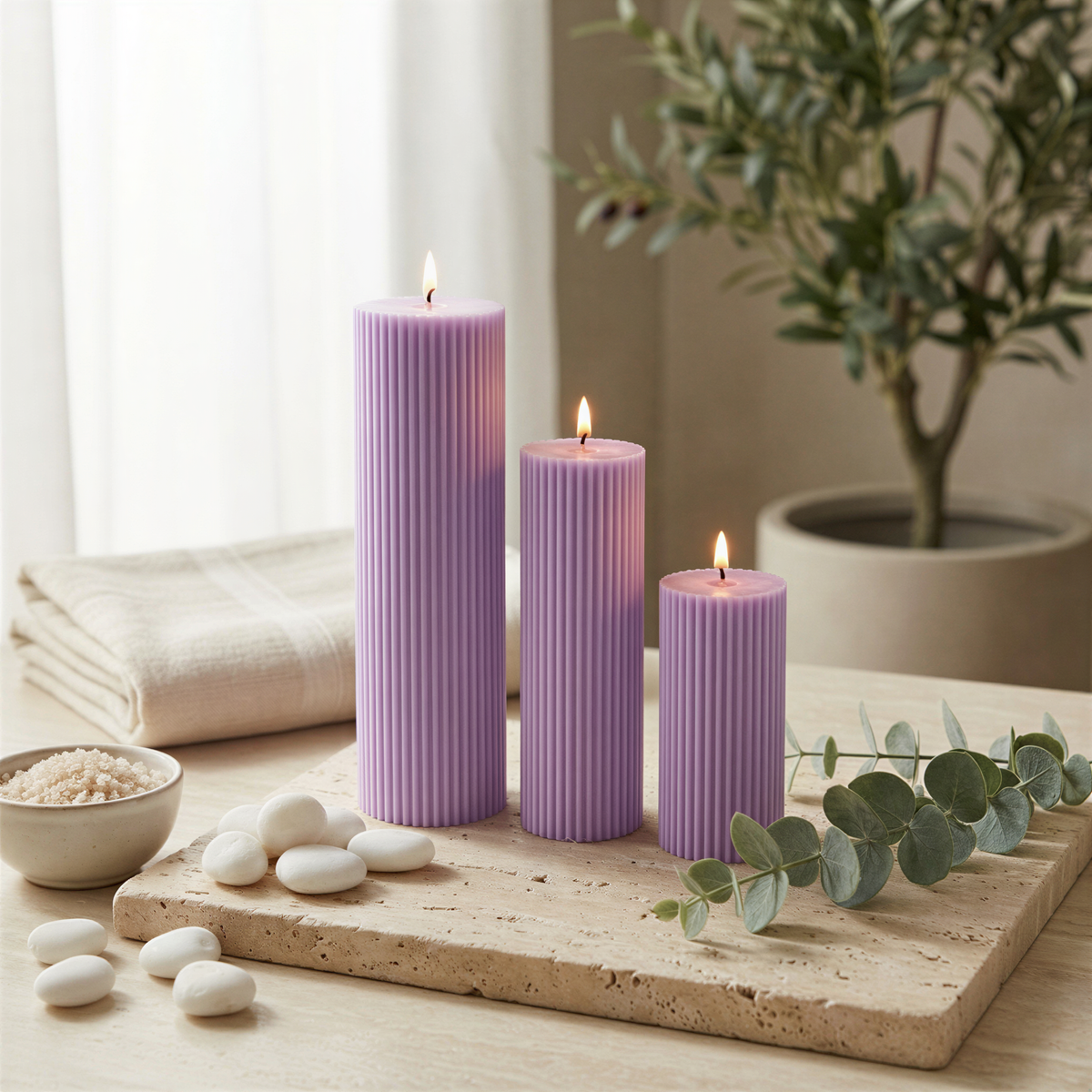 three purple candles with lit flames, placed on a wooden surface alongside some white stones and greenery.