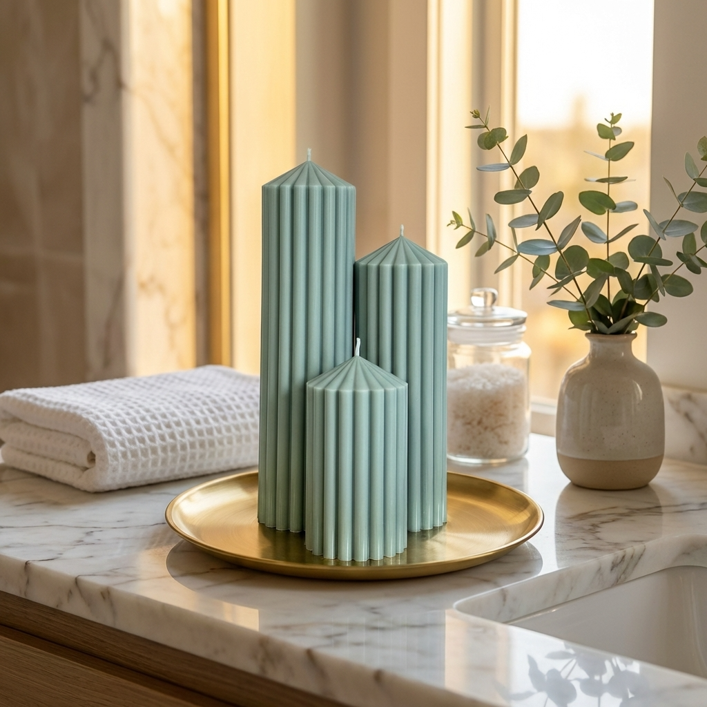 a marble countertop with a gold tray holding three green cylindrical candles, a white towel, and a small vase with greenery.