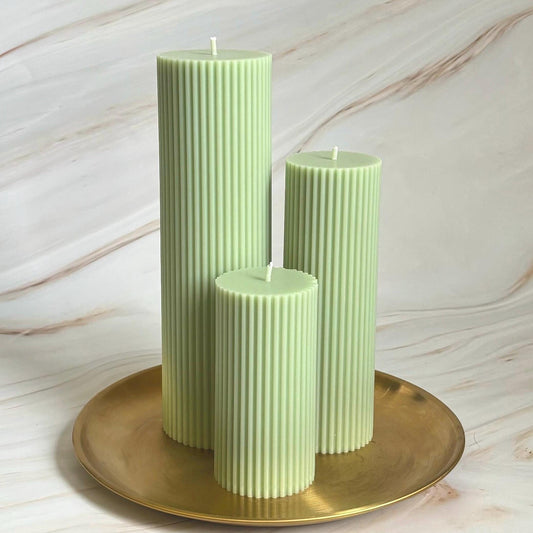 Green Tall Ribbed Scented Pillar Candles - Handmade Home Decor