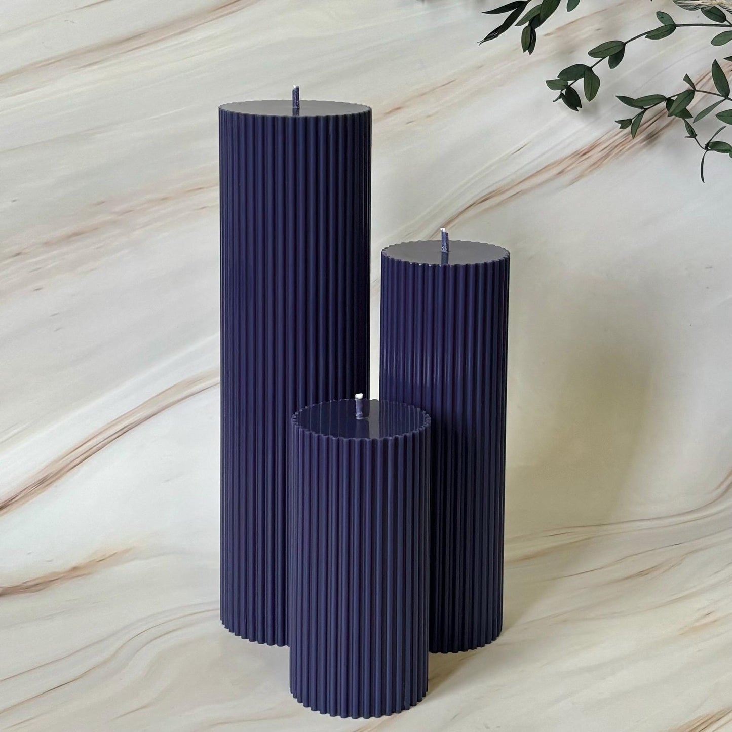 Large Navy Blue Tall Ribbed Scented Pillar Candles - Handmade Home Decor