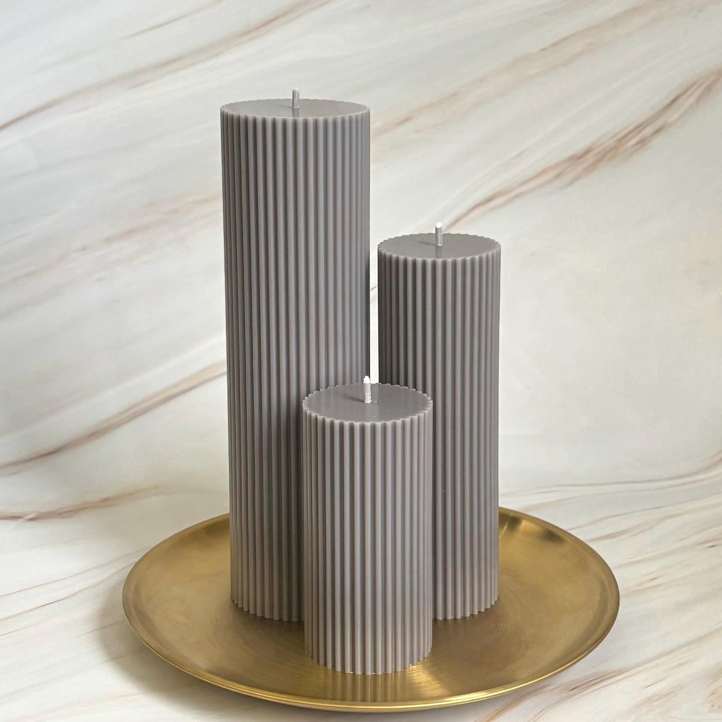 Large Grey Ribbed Tall Ribbed Scented Pillar Candles - Handmade Home Decor
