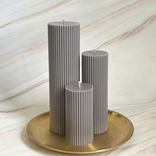 Large Grey Ribbed Tall Ribbed Scented Pillar Candles - Handmade Home Decor