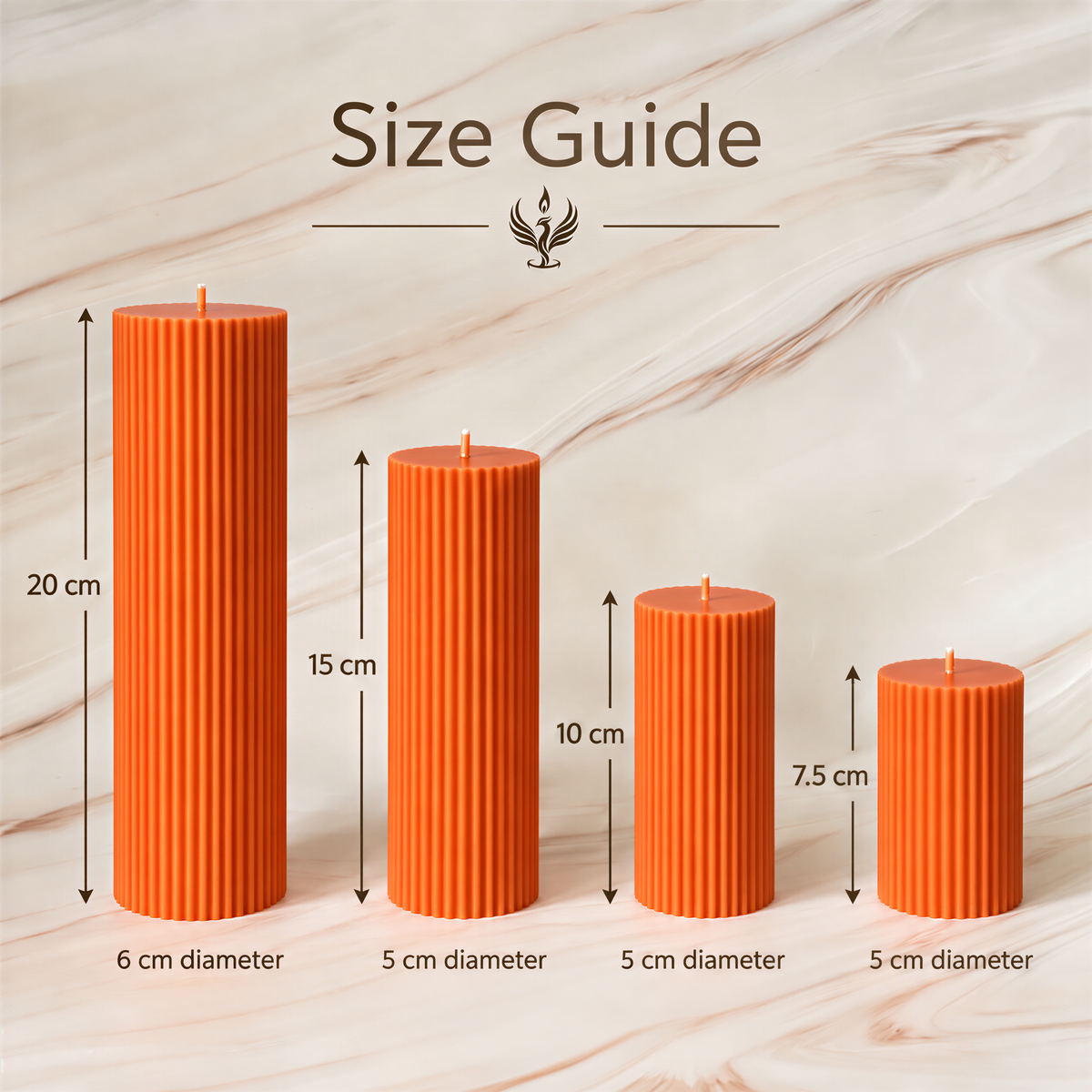 four orange pillar candles of different sizes, with the tallest candle being 20 cm in diameter and the smallest being 7.5 cm in diameter. The image provides a size guide for these candles, indicating the measurements in centimeters.