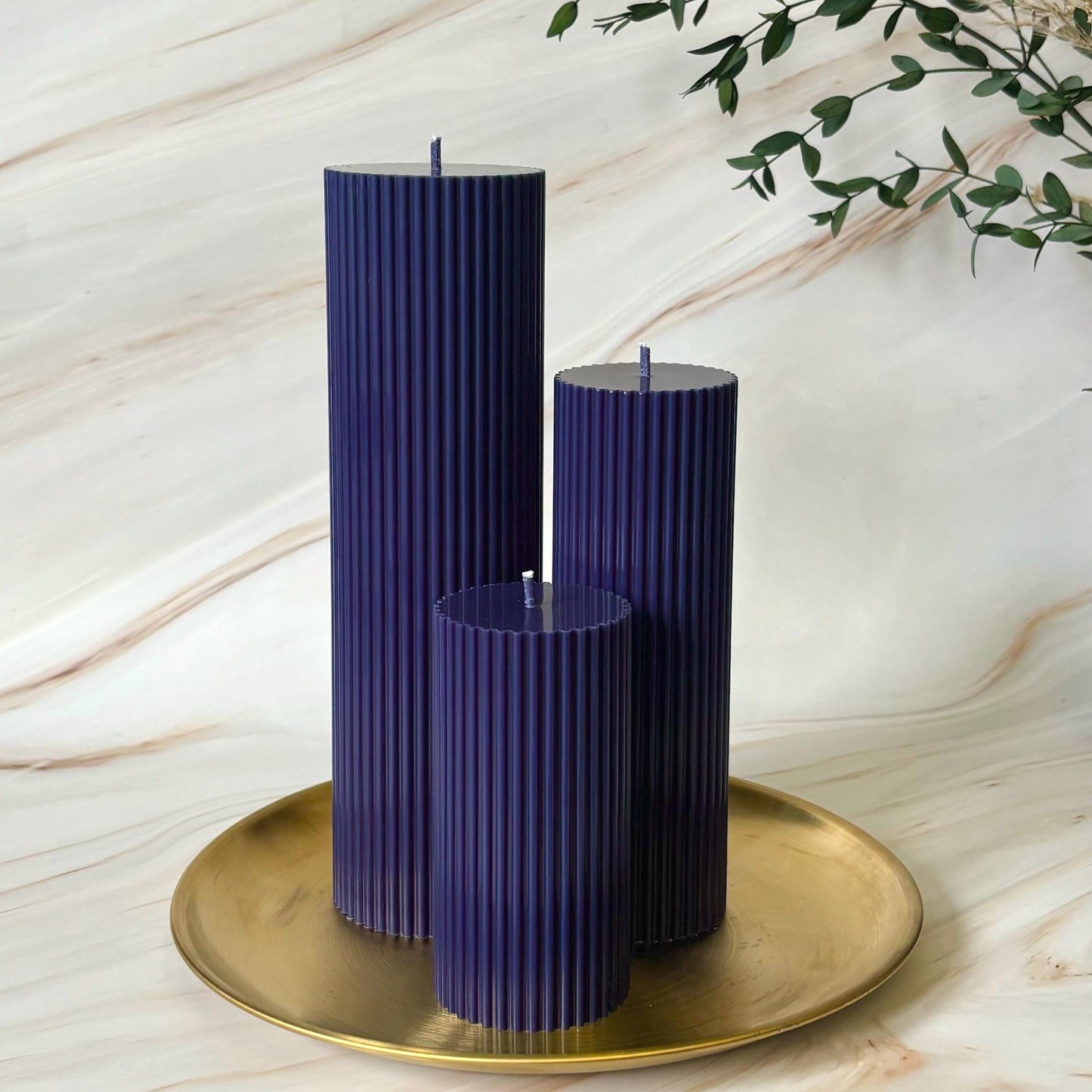 Large Navy Blue Tall Ribbed Scented Pillar Candles - Handmade Home Decor