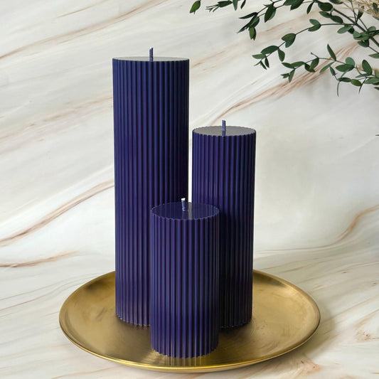 Large Navy Blue Tall Ribbed Scented Pillar Candles - Handmade Home Decor