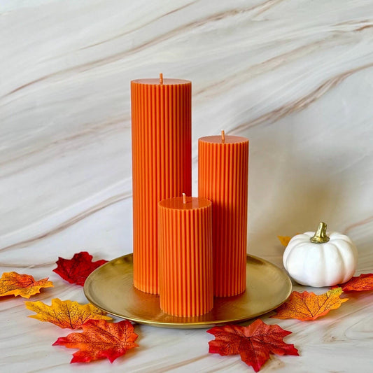 Pumpkin Spice Scented Tall Ribbed Burnt Orange Pillar Candles -  Autumn Home Decor