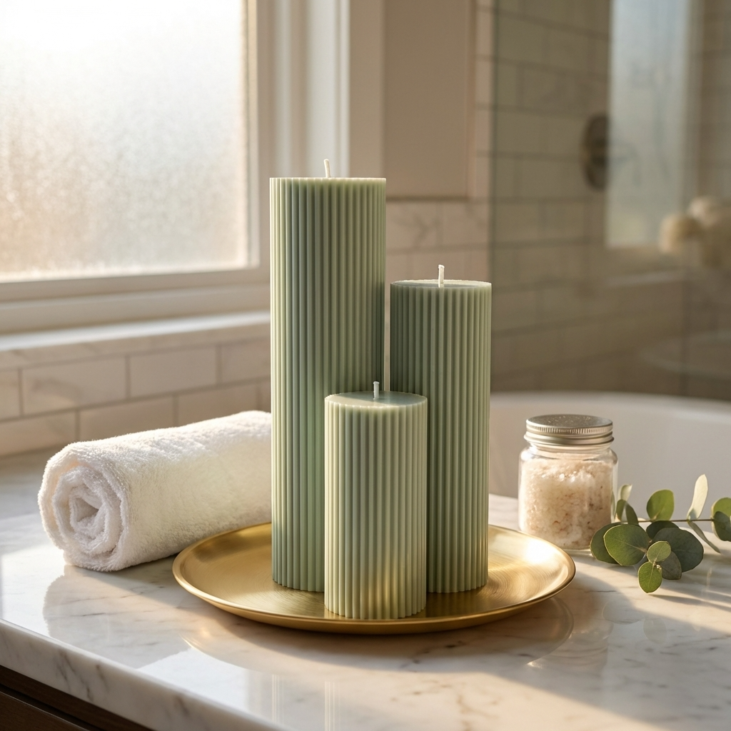 a bathroom counter with three green candles, a white towel, and a small jar of salt. The candles are placed on a gold tray, and the overall scene has a calming and relaxing atmosphere.