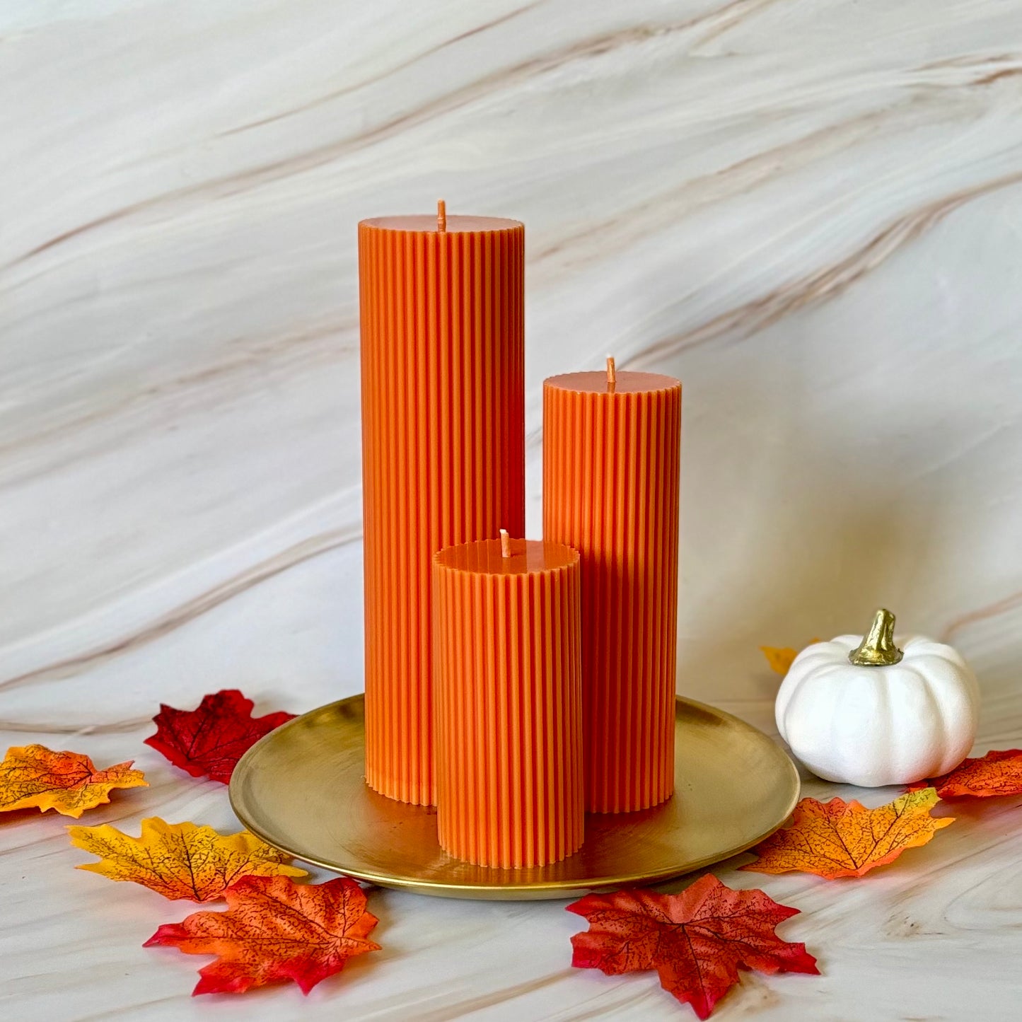 Pumpkin Spice Scented Tall Ribbed Large Orange Pillar Candles