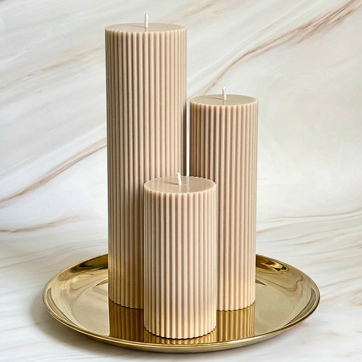 Scented Tall Ribbed Beige Pillar Candles | Tall Scented Large Decorative Candle Set