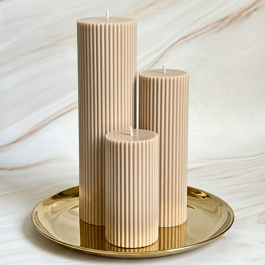 Scented Tall Ribbed Beige Pillar Candles | Tall Scented Large Decorative Candle Set