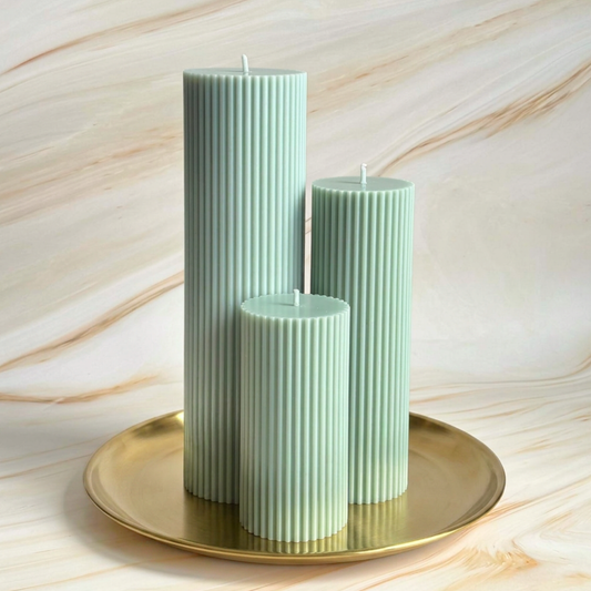 Scented Tall Ribbed Sage Green Pillar Candles | Tall Scented Large Decorative Candle Set