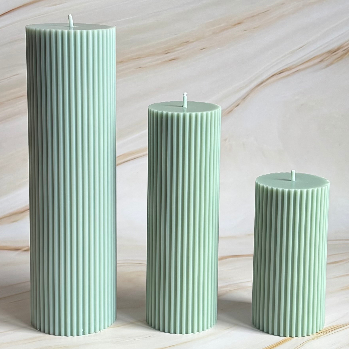 Scented Tall Ribbed Sage Green Pillar Candles | Tall Scented Large Decorative Candle Set