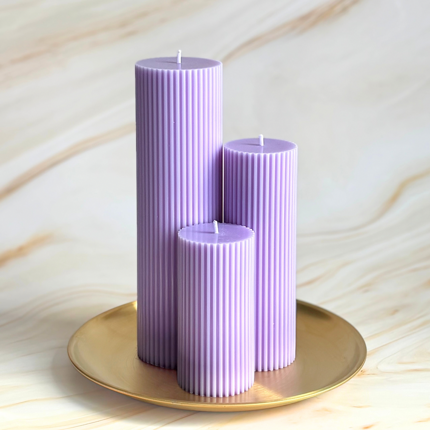 Scented Tall Ribbed Purple Pillar Candles | Tall Scented Large Decorative Candle Set