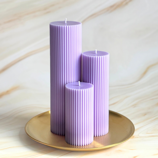 Scented Tall Ribbed Purple Pillar Candles | Tall Scented Large Decorative Candle Set