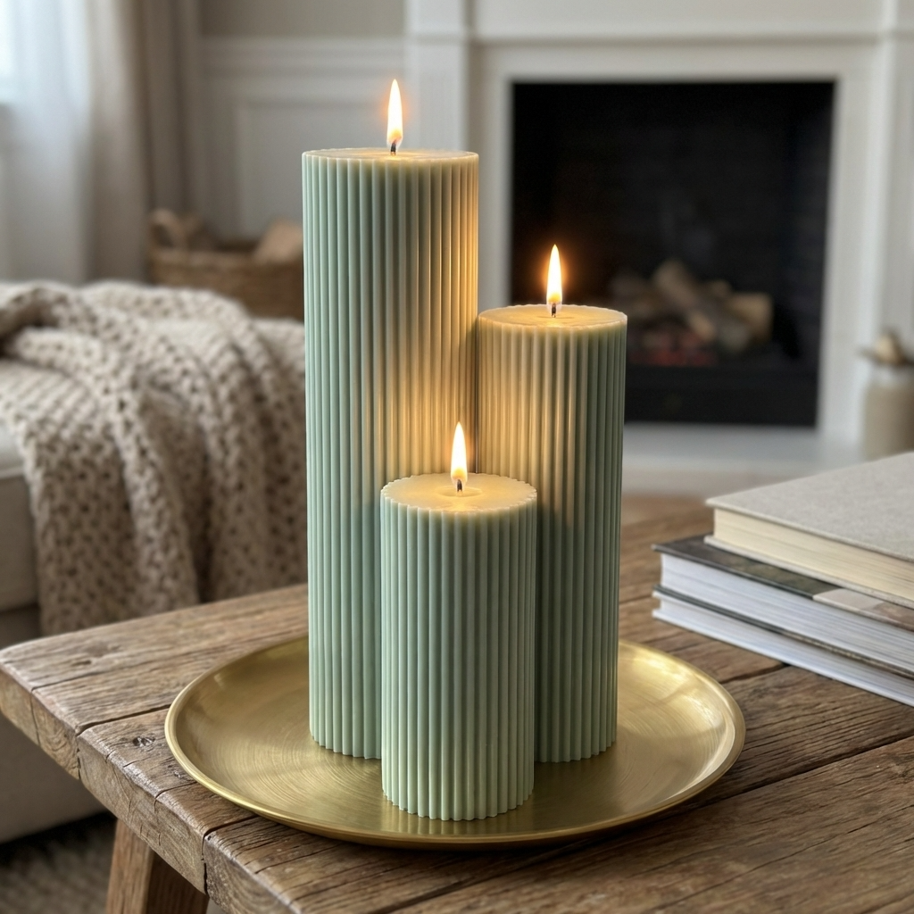 A cozy living room scene with a wooden coffee table in the foreground, featuring three tall green candles with flickering flames. The table is set against a backdrop of a fireplace and a beige armchair, creating a warm and inviting atmosphere.