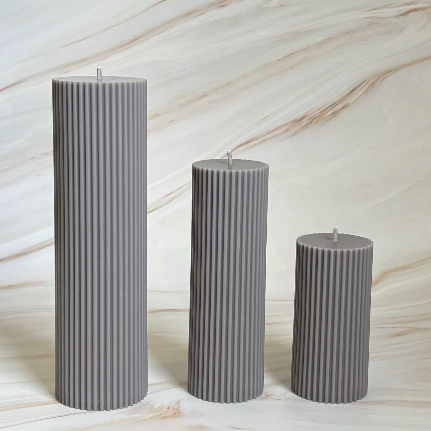Large Grey Ribbed Tall Ribbed Scented Pillar Candles - Handmade Home Decor