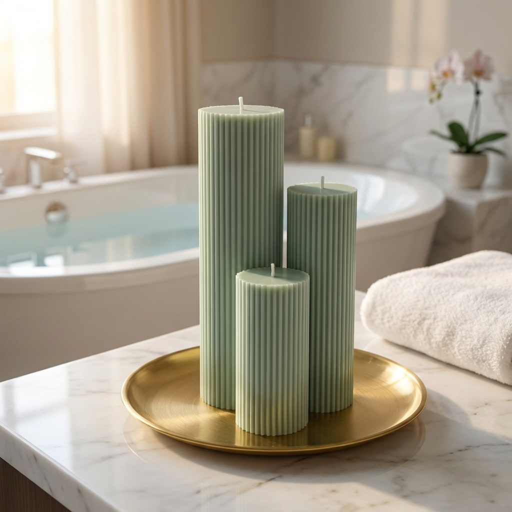A bathroom scene with a white bathtub, a gold tray holding three green candles, and a white towel on a marble countertop.