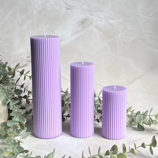 Scented Tall Ribbed Purple Pillar Candles | Tall Scented Large Decorative Candle Set