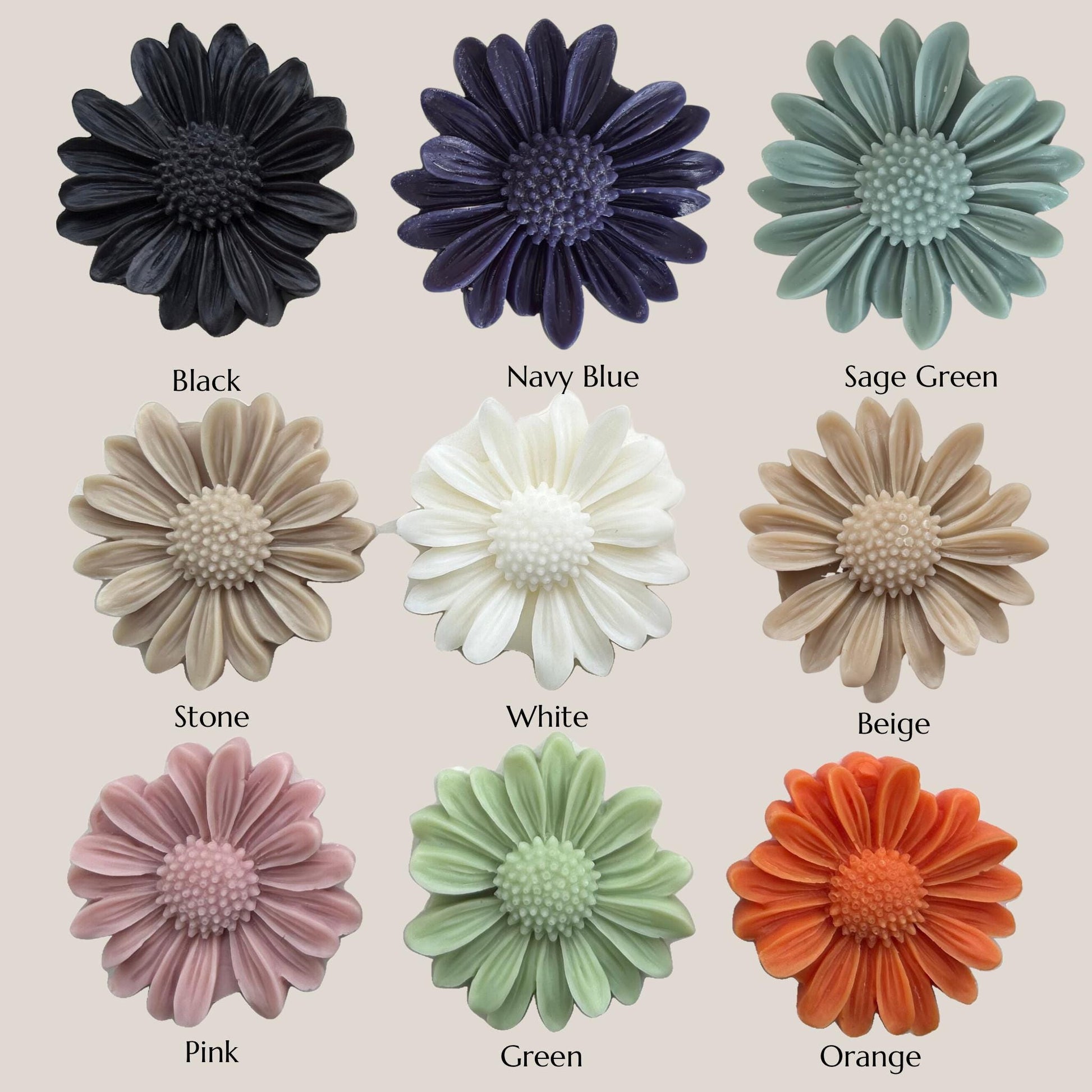 nine different colored flowers, each with a label indicating its color.