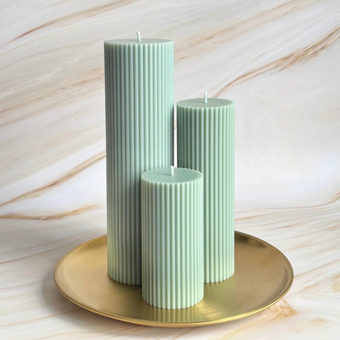 Large Sage Green Tall Ribbed Scented Pillar Candles - Handmade Home Decor
